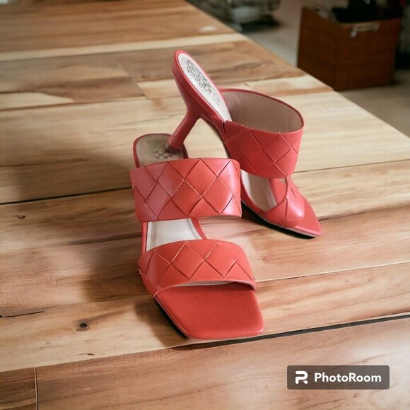 Vince Camuto Candialia Tangerine Tango Nappa Leather Woven Heeled Sandals 7M - Picture 1 of 7